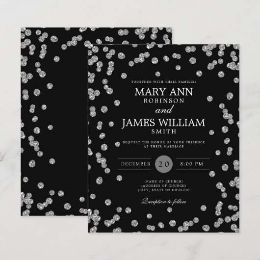 Budget Wedding Silver Glitter Black Invite (Voorkant / Achterkant)