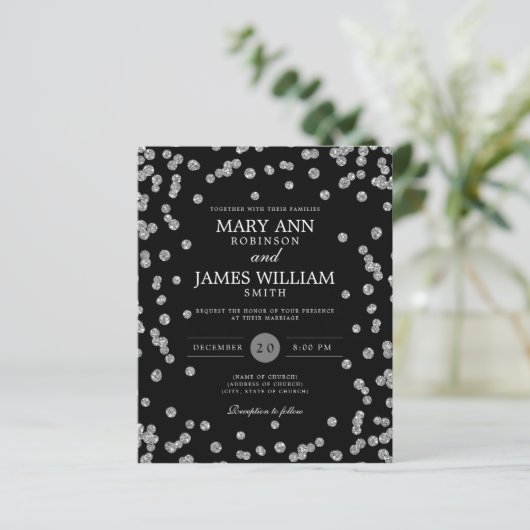 Budget Wedding Silver Glitter Black Invite (Staand voorkant)