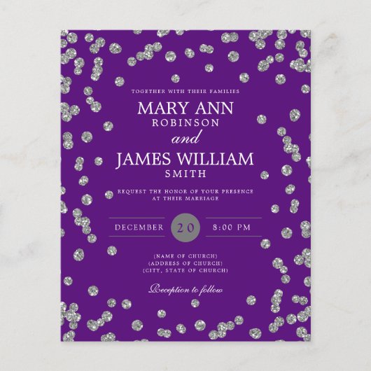 Budget Wedding Silver Glitter Paarse Invite (Voorkant)