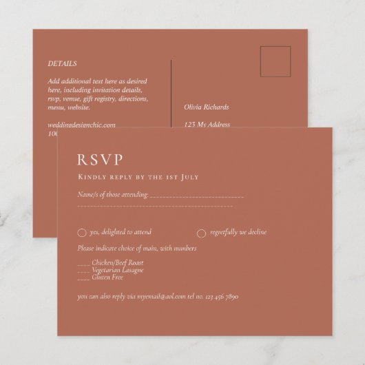 BUDGET Wedding Terracotta Monochrome RSVP Briefkaart (Voorkant / Achterkant)
