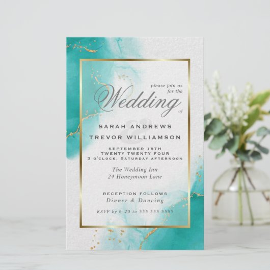 Budget Wedding Turquoise Gold Abstracte Marble Inv (Staand voorkant)