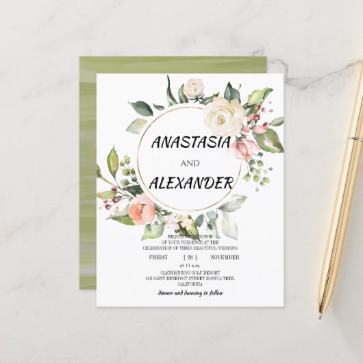 Budget Wedding-uitnodiging. Uitnodiging (Voorkant / Achterkant in situ)