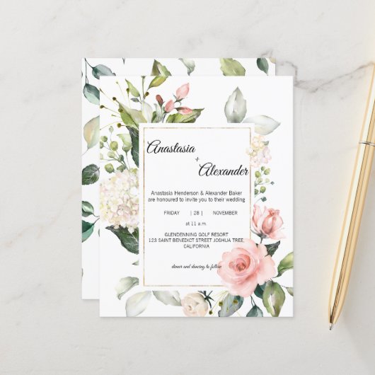 Budget-Wedding uitnodiging. Uitnodiging briefkaart (Voorkant / Achterkant in situ)