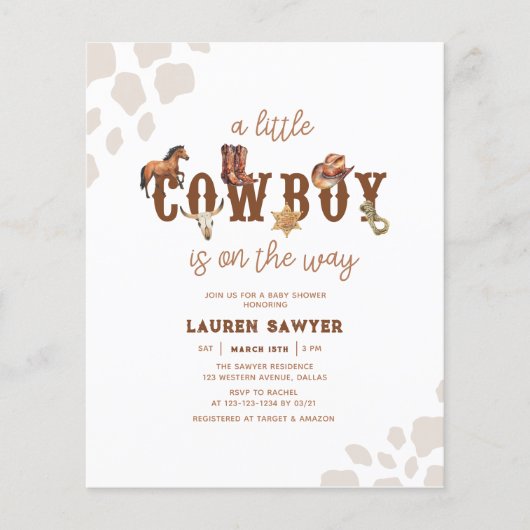 Budget Westerne Cowboy Baby Douche Invitation (Voorkant)