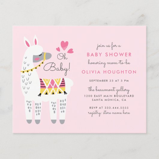 Budget Whimsical Pastel Pink Llama Oh Baby shower (Voorkant)
