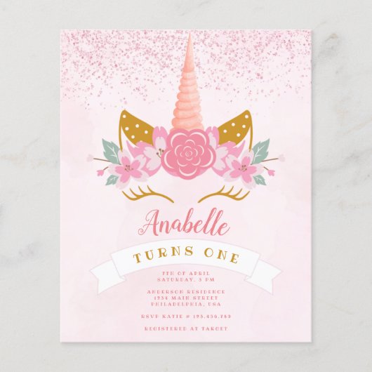 Budget Whimsical Pink Rainbow Unicorn Birthday (Voorkant)