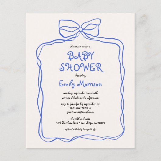 Budget Whimsical Quirky Blue Bow Boy Baby shower (Voorkant)