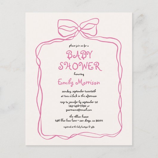 Budget Whimsical Quirky Blush Pink Bow Baby shower (Voorkant)