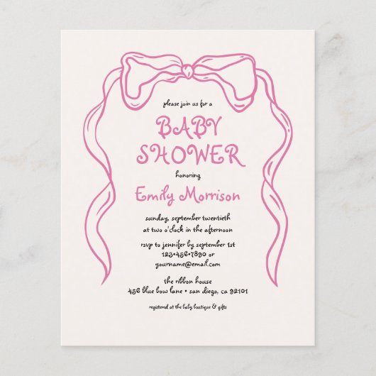 Budget Whimsical Quirky Blush Pink Bow Baby shower Flyer (Voorkant)