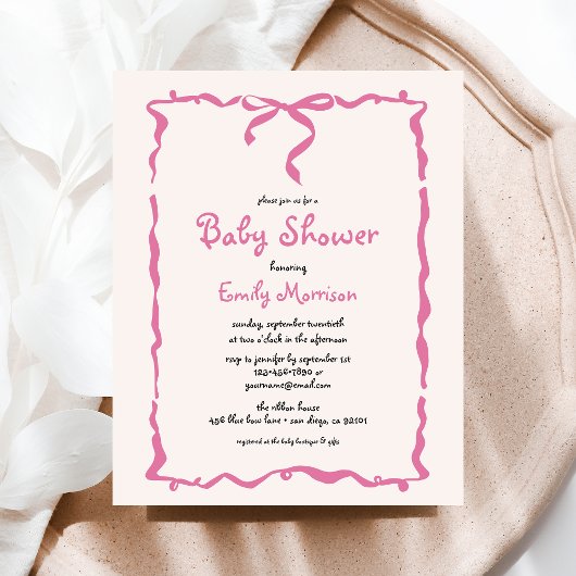 Budget Whimsical Quirky Blush Pink Bow Baby shower Flyer
