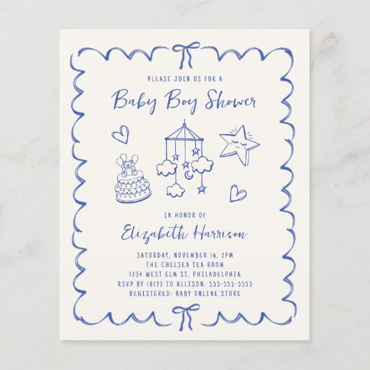 Budget Whimsical Wavy Lijst Baby Boy Shower Uitnod (Voorkant)