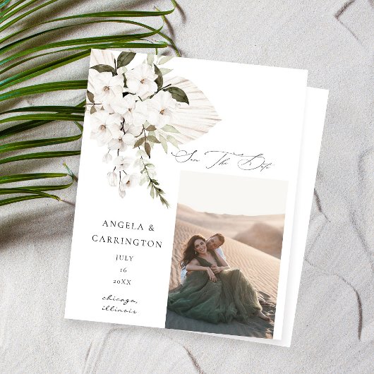Budget White Boho Floral Photo Save the Date