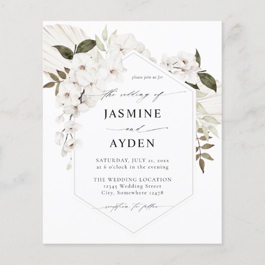 Budget White Boho Floral Wedding Flyer (Voorkant)