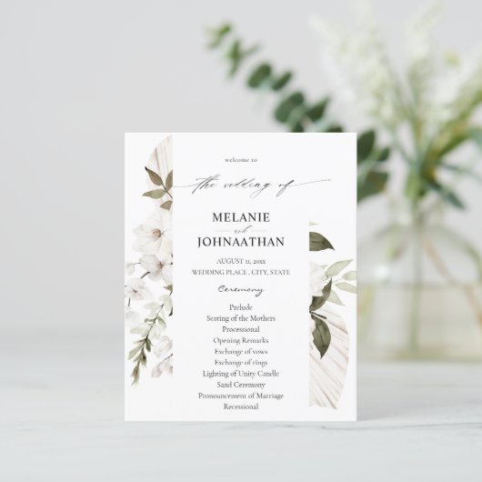 Budget White Boho Floral Wedding Programme (Staand voorkant)