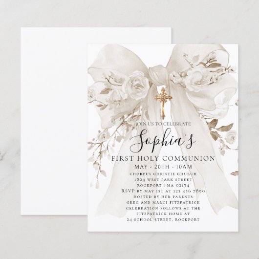 BUDGET White Bow Rose First Communion Invite (Voorkant / Achterkant)