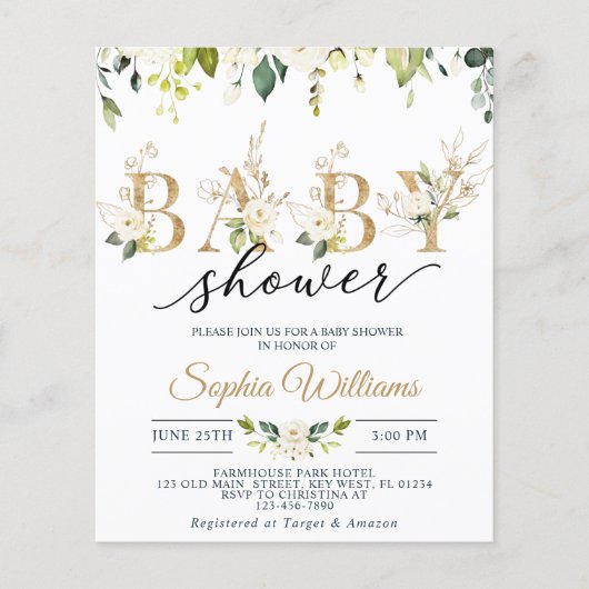 Budget White en Gold Eucalyptus Baby shower Uitnod (Voorkant)
