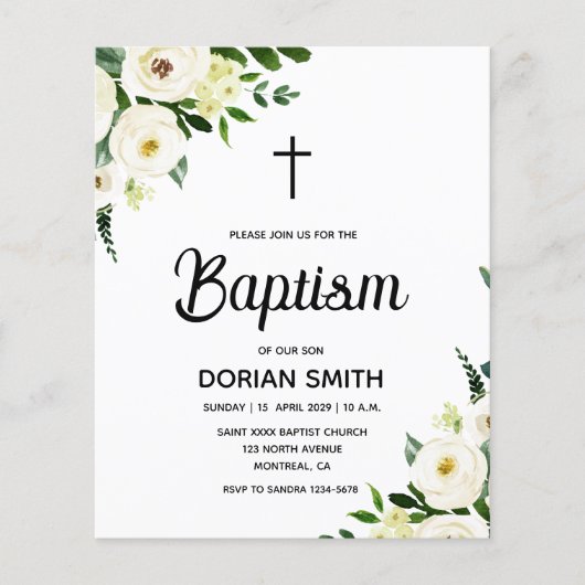 Budget White Floral Boy Baptism invitation (Voorkant)