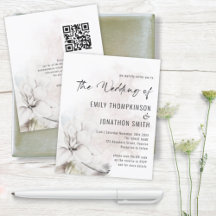 Budget White Floral Waterverf QR Wedding Invite