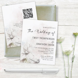 Budget White Floral Waterverf QR Wedding Invite