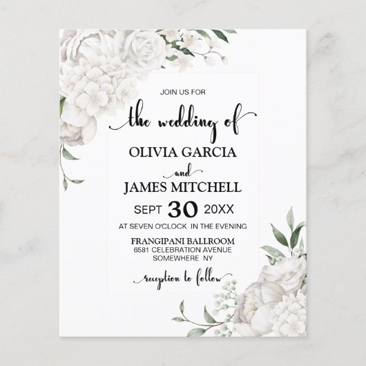 Budget White Floral Wedding Invitation (Voorkant)