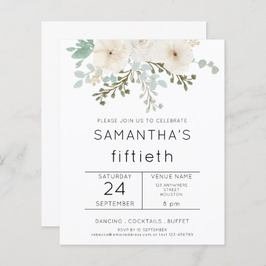 Budget White Florals 50th Birthday Invitation (Voorkant / Achterkant)