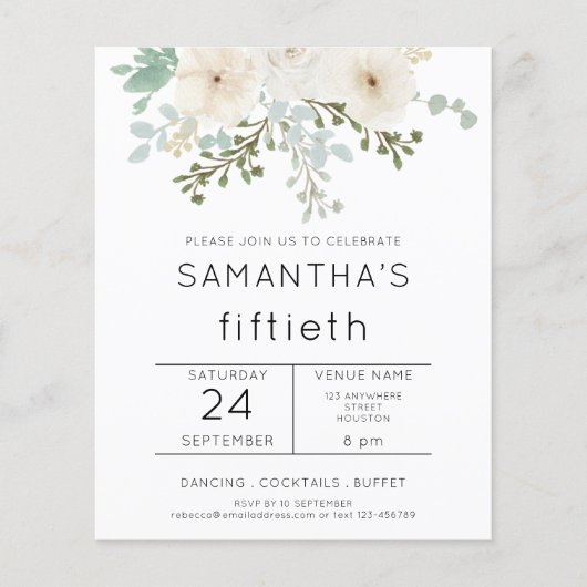 Budget White Florals 50th Birthday Invitation (Voorkant)
