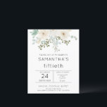 Budget White Florals 50th Birthday Invitation<br><div class="desc">Budget White Florals, 50th Birthday Party Invitation. Een budgetprijs voor KLEINE 4, 5 x 5, 6 inch. Verkrijgbaar in een SEMI-GLOSS 110 lb KAART STOCK dat de standaardoptie is (dikker voor uitnodigingen), OF een SATIN FINISH 80 lb THINER PAPER STOCK (ideaal voor behuizingen). Witte floralen en groen zijn bovenaan en...</div>