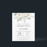 Budget White Florals 50th Birthday Invitation<br><div class="desc">Budget White Florals, 50th Birthday Party Invitation. Een budgetprijs voor KLEINE 4, 5 x 5, 6 inch. Verkrijgbaar in een SEMI-GLOSS 110 lb KAART STOCK dat de standaardoptie is (dikker voor uitnodigingen), OF een SATIN FINISH 80 lb THINER PAPER STOCK (ideaal voor behuizingen). Witte floralen en groen zijn bovenaan en...</div>