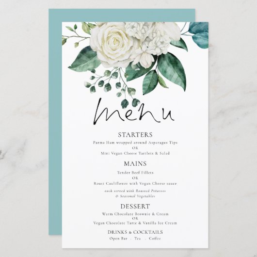 Budget White Florals Eucalyptus Weddenschap Menu (Voorkant / Achterkant)