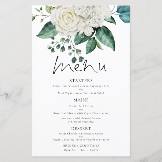 Budget White Florals Eucalyptus Weddenschap Menu (Voorkant)