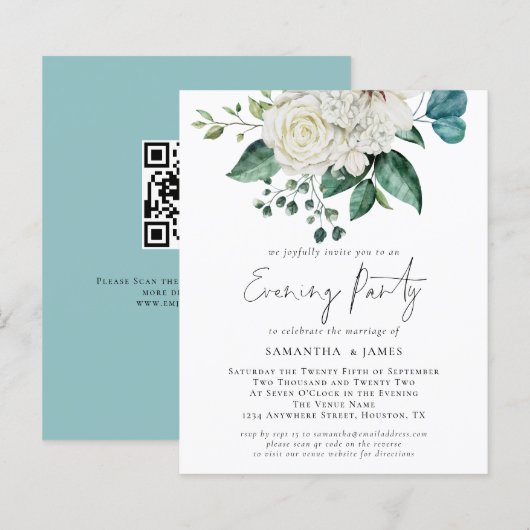 Budget White Florals QR Code Wedding Evening Party (Voorkant / Achterkant)