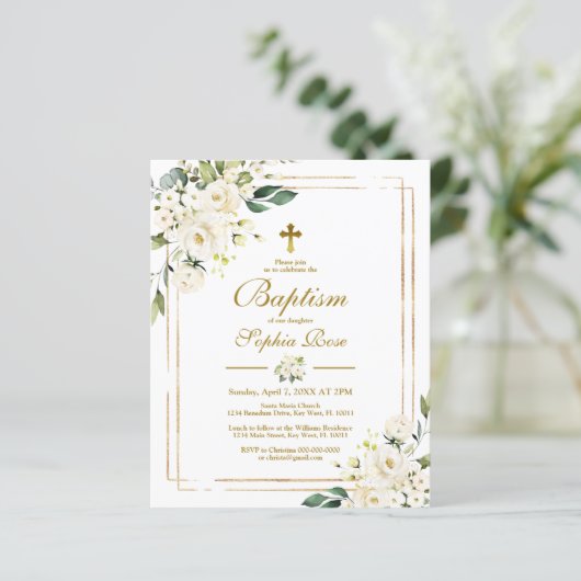 Budget White Flowers & Gold Baptism Invitation (Staand voorkant)