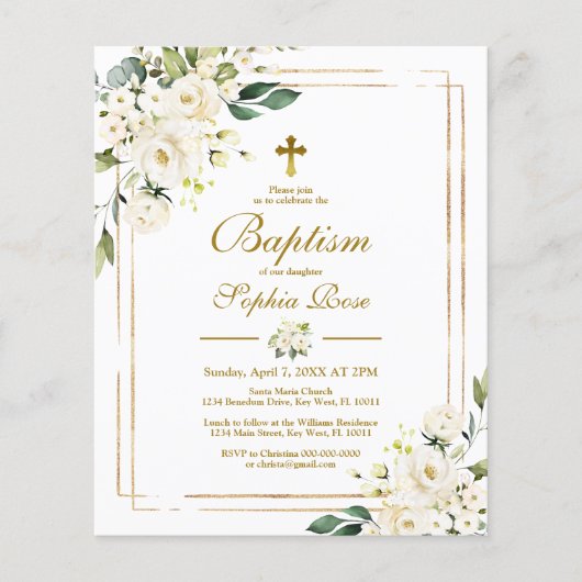 Budget White Flowers & Gold Baptism Invitation (Voorkant)