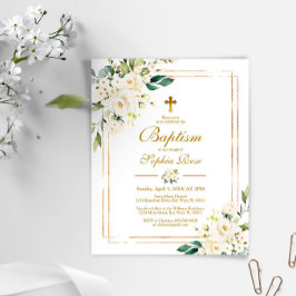 Budget White Flowers & Gold Baptism Invitation