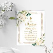 Budget White Flowers & Gold Baptism Invitation