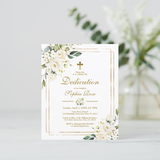 Budget White Flowers & Gold Dedication Invitation (Staand voorkant)