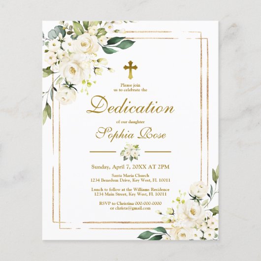 Budget White Flowers & Gold Dedication Invitation (Voorkant)