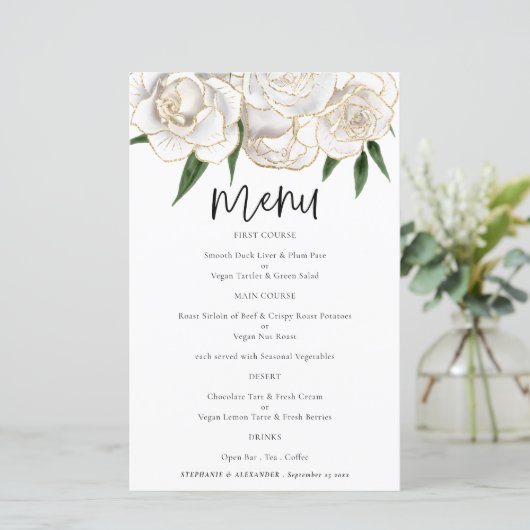 Budget White Gold Florals Script Weduwen Menu (Staand voorkant)