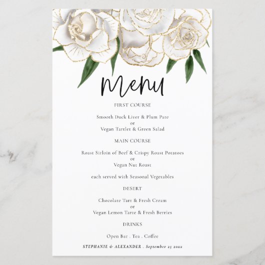Budget White Gold Florals Script Weduwen Menu (Voorkant)