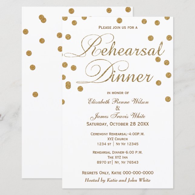 Budget White Gold Glitter Rehearsal Dinner Invite (Voorkant / Achterkant)