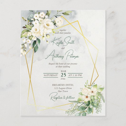 Budget white greenery roos floral bruiloft nodig (Voorkant)