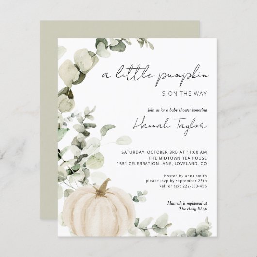 Budget White Herfst Baby shower Uitnodiging (Voorkant / Achterkant)