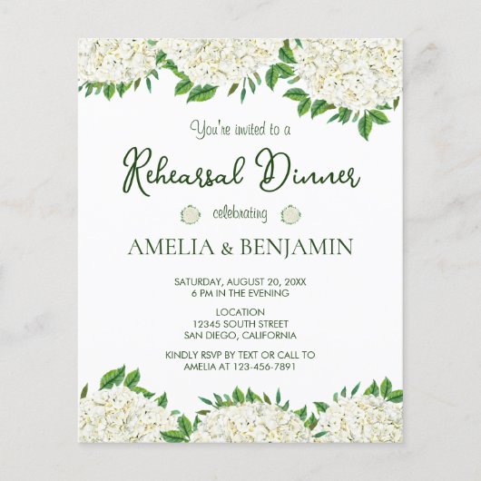 Budget White Hydrangea Rehearsal Dinner Uitnodigin Flyer (Voorkant)