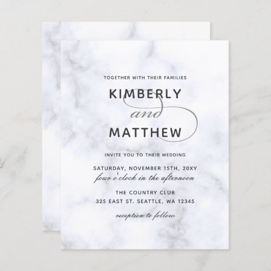 Budget White Marble Calligraphy Wedding Invitation (Voorkant / Achterkant)