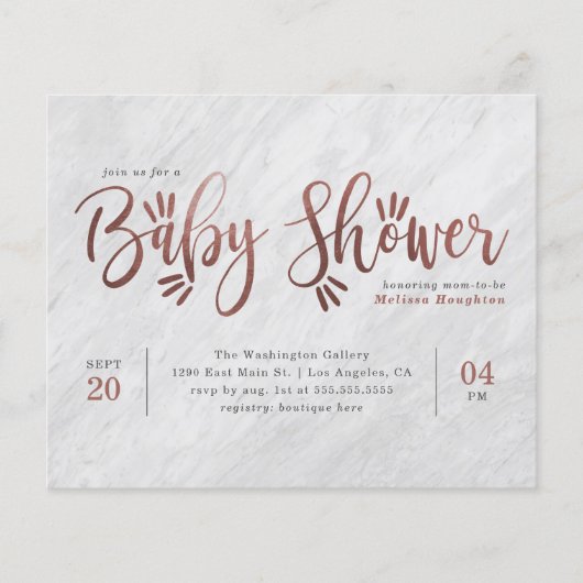 Budget White Marble & Roos Gold Script Baby shower (Voorkant)