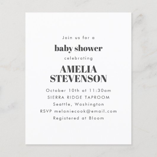 Budget White Minimalist Baby shower Uitnodiging (Voorkant)