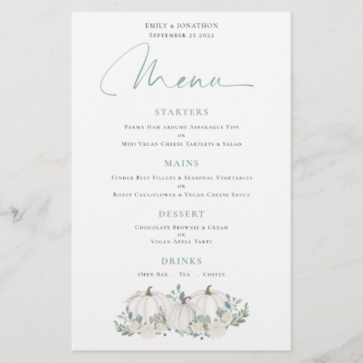 Budget White Pumpkins Florals Wedding Menu (Voorkant)