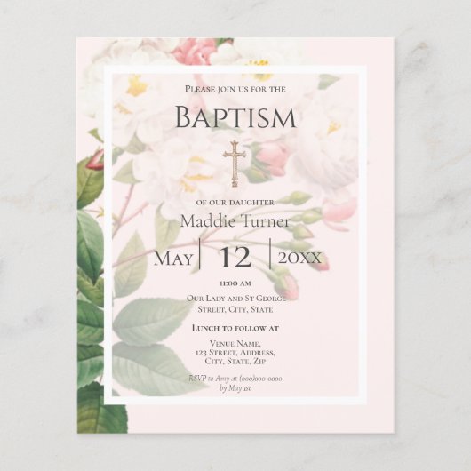 Budget White Rose Baptism Invitation (Voorkant)