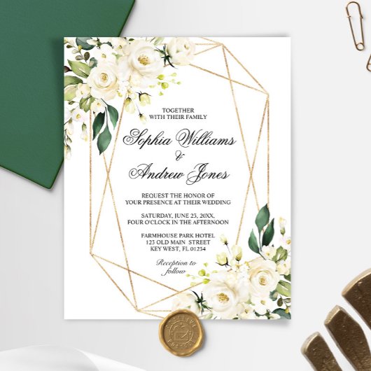 Budget White Rose en Greenery Wedding Invitation