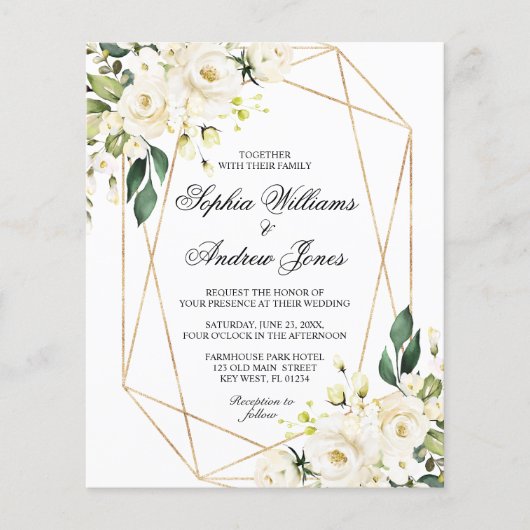 Budget White Rose en Greenery Wedding Invitation (Voorkant)